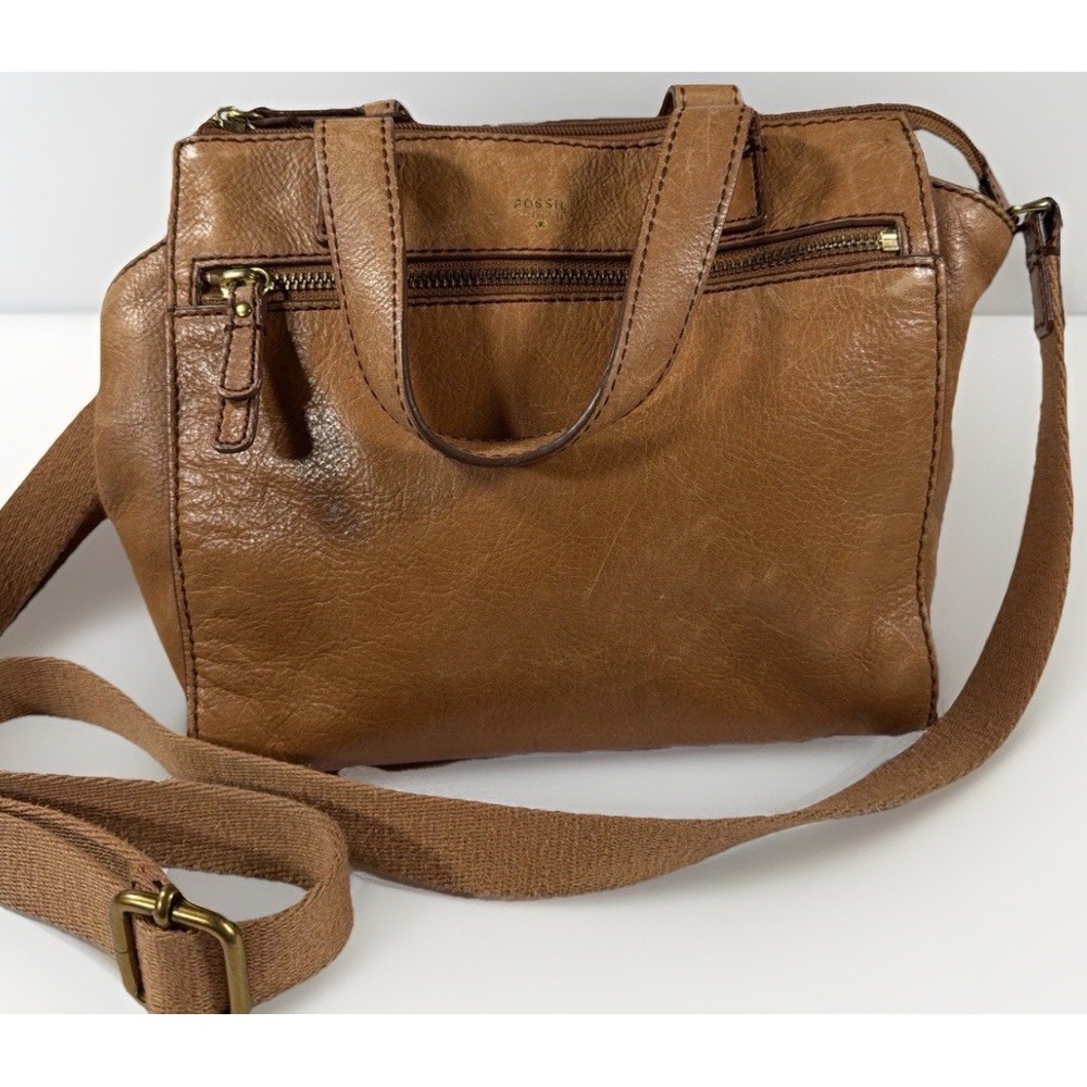 Fossil Tessa Brown Pebbled Leather Crossbody Satchel Purse Medium Bag
